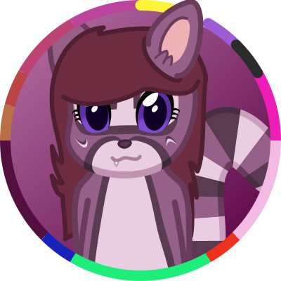 An image of Peri, a purple-ish raccoon with white and dark purple stripes.